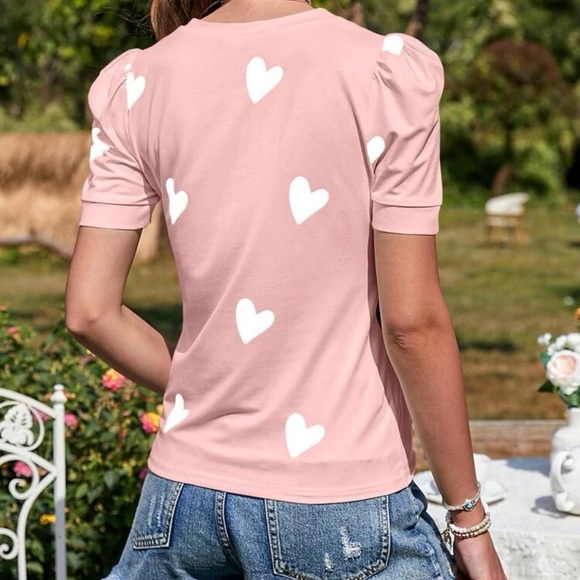 New heart print pink white short sleeve top - Picture 4 of 5